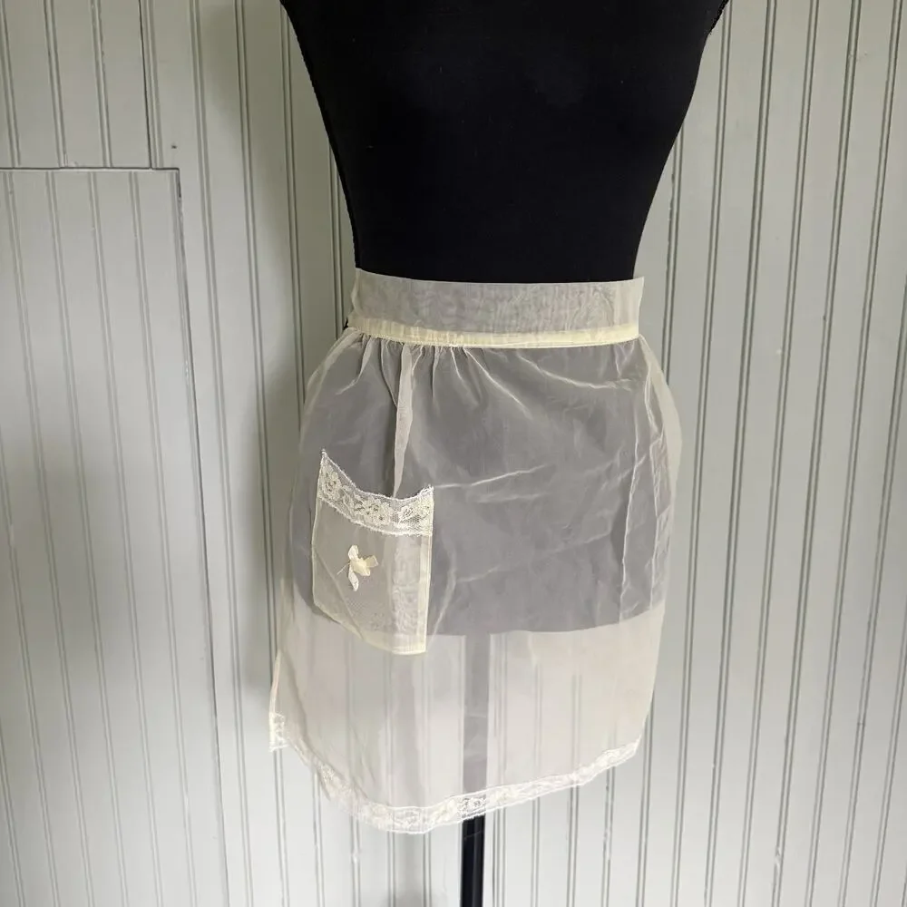 Vtg Hostess Half Apron Sheer Yellow MCM 50s Pocket Retro Tie Trad Cottage Lace